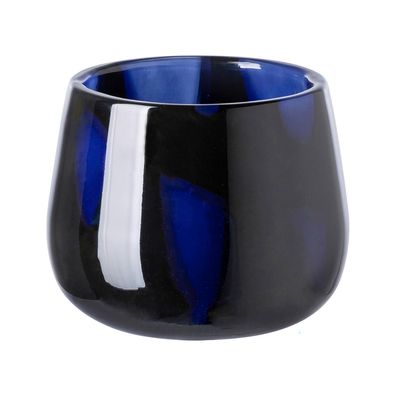 Fink blau-schwarzer Teelichthalter Ø 14 cm rundes Glas Windlicht für Teelichter
