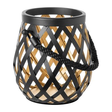 Fink gold-schwarze Laterne 33cm matt tragbares Stumpenkerzen-Windlicht inkl Glas