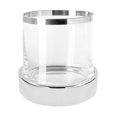 Fink gläsernes Stumpenkerzen-Windlicht Ø 18 cm Kerzenhalter mit silbernem Sockel