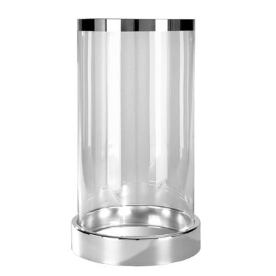 Fink hohes gläsernes Stumpenkerzen-Windlicht 44 cm Kerzenhalter silberner Sockel