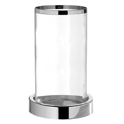 Fink hohes gläsernes Stumpenkerzen-Windlicht 28 cm Kerzenhalter silberner Sockel