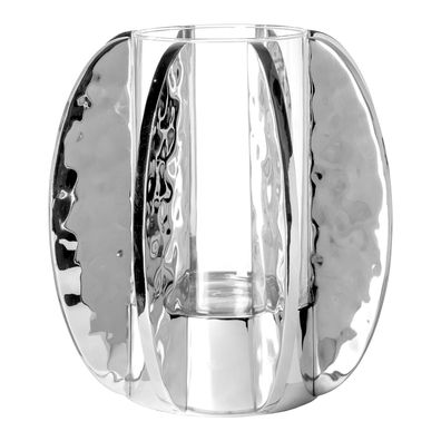 Fink großes Stumpenkerzen-Windlicht Glas 30 cm Edelstahl gehämmert Kerzenhalter
