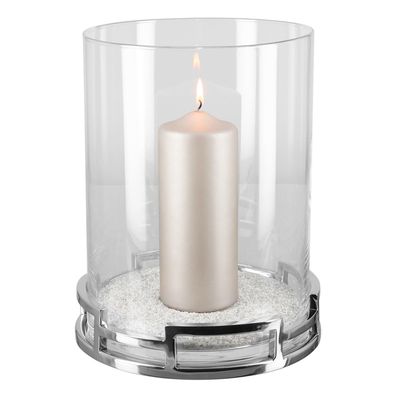 Fink rundes Windlicht 32 cm hoch Stumpenkerzenhalter mit Glas & Edelstahl-Sockel