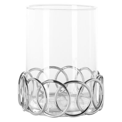 Fink rundes Windlicht mit Glas 24 cm Stumpenkerzenhalter & Edelstahl-Ring-Sockel