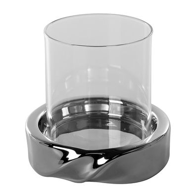 Fink kleines Windlicht mit Glas 11cm runder Teelichthalter Keramik-Sockel silber