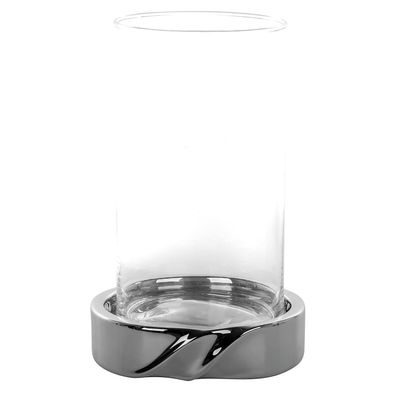 Fink großes Glas-Windlicht 25 cm Stumpenkerzenhalter Keramik-Sockel silberfarben