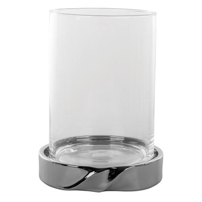 Fink großes Glas-Windlicht 31 cm Stumpenkerzenhalter Keramik-Sockel silberfarben