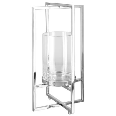 Fink Glas-Windlicht 40 cm Stumpenkerzen-Laterne mit rechteckigem Edelstahlrahmen
