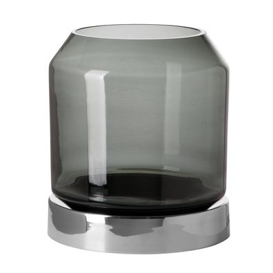 Fink edles Stumpenkerzen-Windlicht 23 cm mit grauem Glas und Edelstahl-Sockel
