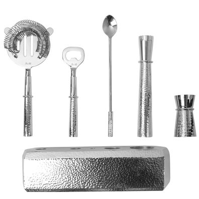 Fink 6-teiliges Bar-Set Aluminium gehämmert Barzubehör im Ständer 26x27 cm