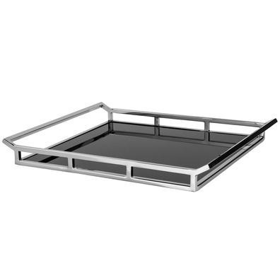 Fink Serviertablett 45x40 cm groß rechteckig Edelstahl-Tablett Schwarzglas-Boden