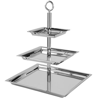 Fink 3-stöckige Etagere 34x34 cm Stufentablett eckig Edelstahl mit rundem Griff
