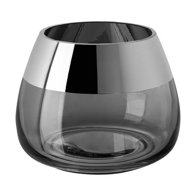 Fink grauer Teelichthalter Ø 15cm Windlicht aus Glas Kerzenhalter mit Silberrand