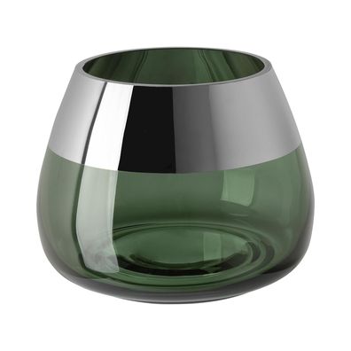 Fink grüner Teelichthalter Ø 15cm Windlicht aus Glas Kerzenhalter mit Silberrand