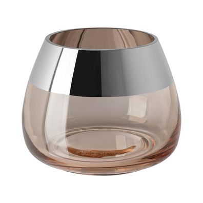 Fink Teelichthalter Ø 15cm sandfarben Windlicht Glas Kerzenhalter mit Silberrand