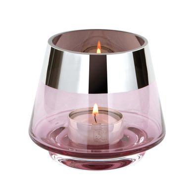 Fink rosa Teelichthalter Ø 11 cm aus Glas kleines Windlicht mit silbernem Rand