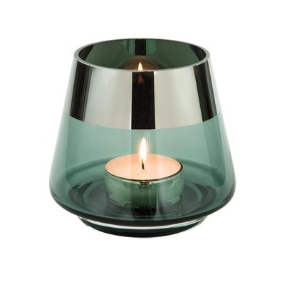 Fink Teelichthalter Ø 15 cm aus Glas türkis großes Windlicht mit silbernem Rand