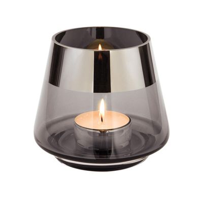 Fink graues Teelichthalter Ø 11 cm aus Glas kleines Windlicht mit silbernem Rand