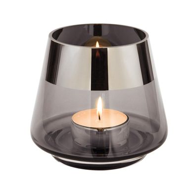 Fink graues Teelichthalter Ø 15 cm aus Glas großes Windlicht mit silbernem Rand