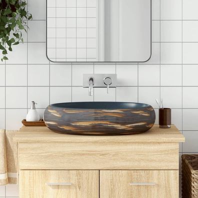 Braun-blaues ovales Keramikaufsatzwaschbecken, Abmessungen 59x40x15 cm