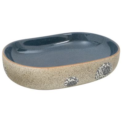 Sandfarben-blaues ovales Keramikaufsatzwaschbecken, Abmessungen 59x40x14 cm