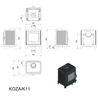 Gußeisen Kaminofen KRATKI K11 Ø 150 6 kW mit Türfeder