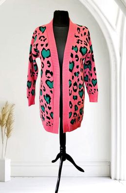 38 40 42 weiche warme Strickjacke Strickmantel offen langarm Herzprint Pink/Grün