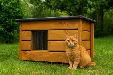 Premium Katzenhaus isoliert - teak - 57x47x33 cm / fertig zusammengebaut
