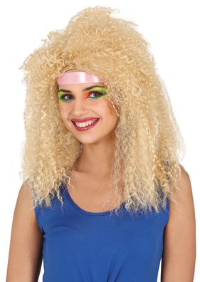 Damen Perücke blond Langhaar Curly Aerobic 80er Disco Party Karneval Fasching