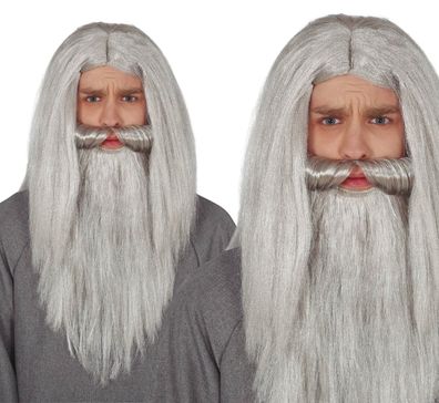 Zauberer Magier Perücke mit Bart silbergrau Halloween Karneval Motto Party