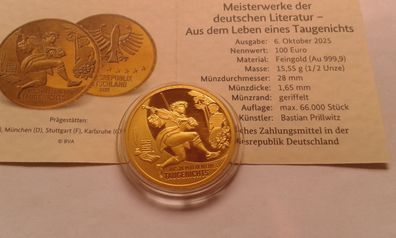 100 euro 2025 Eichendorff Aus dem Leben eines Taugenichts 1/2 Unze Gold Präge F
