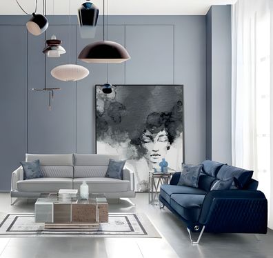 Sofagarnitur 3 + 3 Sitzer Weiß Blau Stoffbezug Chromfüße Modern Elegantes Design