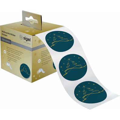200 SIGEL Aufkleber Christmas Tree petrol Weihnachtsbäume 47,0 x 47,0 mm