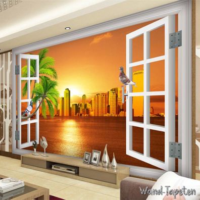 Vlies Fototapete Wandtapete Wandbilder 3D Fenster Sonnenuntergang 3665