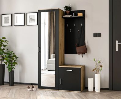 AX Living Garderobe mit Spiegel Magnola - 100 cm Breit, Artisan & Schwarz