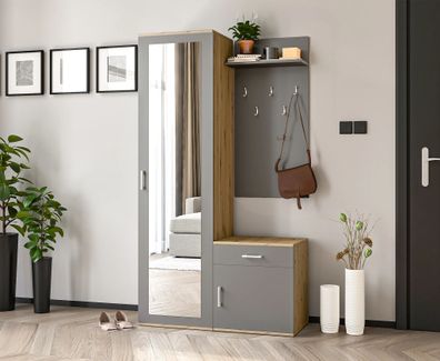 AX Living Garderobe mit Spiegel Magnola - 100 cm Breit, Artisan & Grau