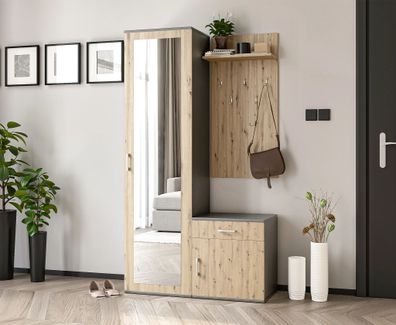 AX Living Garderobe mit Spiegel Magnola - 100 cm Breit, Grau & Artisan