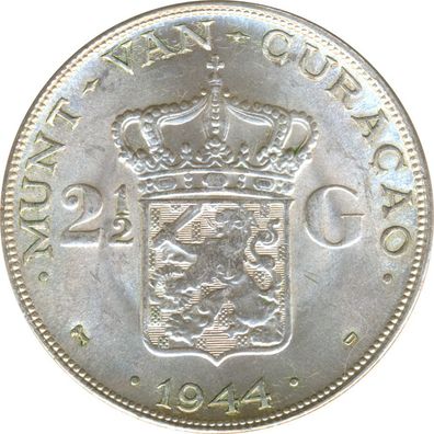 Curacao 2 1/2 Gulden 1944 D Wilhelmina Silber*
