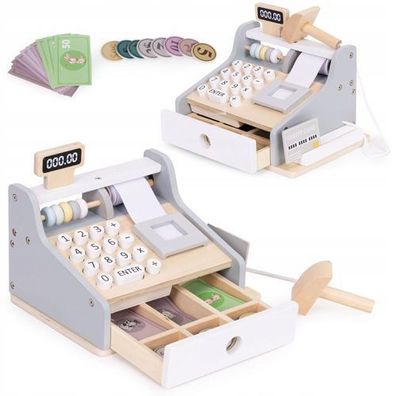 Holz Ladenkasse Kinder Fiskal Scanner MÜNZEN Scanner KARTE Banknoten