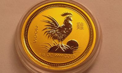 25$ 2005 Australien Lunar Hahn 1/4 Unze 9999er Gold stempelglanz in Münzdose