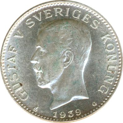 Schweden 1 Krona 1939 Gustaf V Silber*