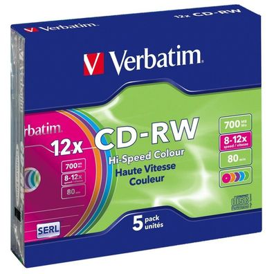 1x5 Verbatim CD-RW 80 / 700MB 10x Speed, Colour, Slim