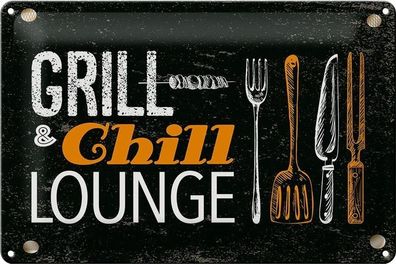 Blechschild Grill & Chill Fleisch Grillen, 4 verschied Größen, Blechschilder
