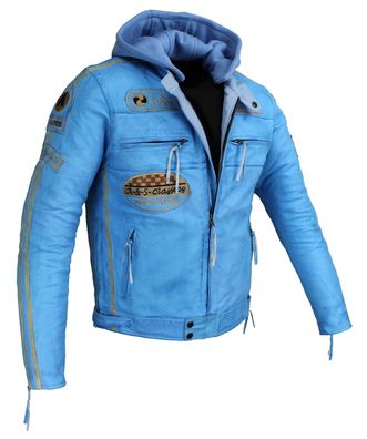 Motorrad Freizeit Lederjacke Biker Custom Lamm Leder Jacke Grau Protektoren Blau