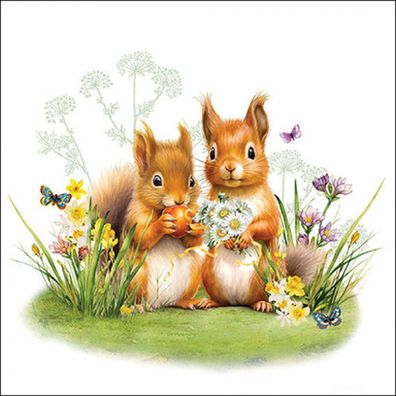 Servietten Papier 33x33cm 3-lag mit Eichhörnchen & Blumenwiese 20 Stk