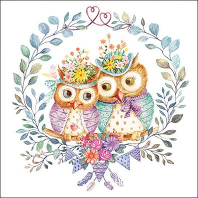 Servietten Papier 33x33cm 3-lagig mit Eulen Paar Blumendeko 20 Stück