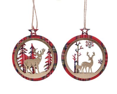 Christbaumschmuck Holz Kugeln mit Hirsch 9cm rot, 1 Stück sortiert