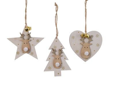 Christbaumanhänger Rentier Holz Glöckchen 3er Set