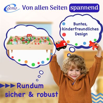 Coemo Spieltisch mit Holzeisenbahn 90 tlg Multifunktionstisch für Kinder