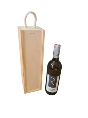 Geschenk Holzbox mit Tragekordel dazu eine Flasche Wein Grüner Veltliner